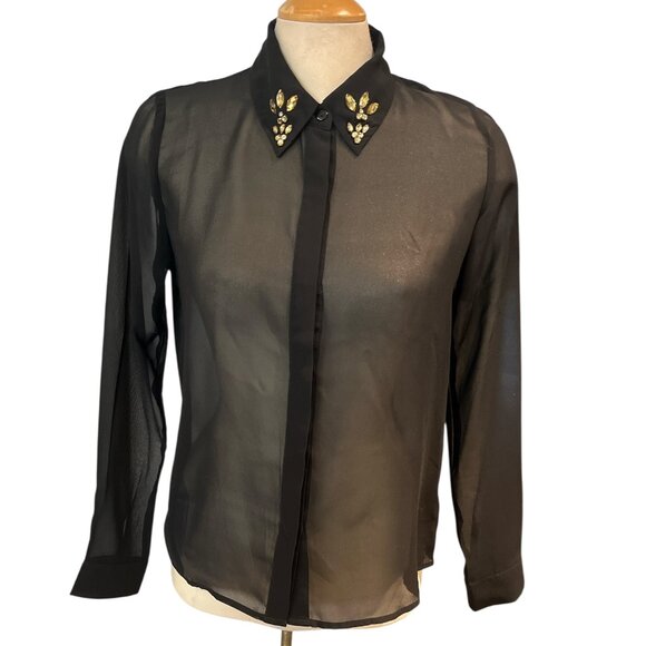 FOREVER 21 Sheer Black Blouse Top Size Small Long Sleeves Button Down Bling - Picture 4 of 9